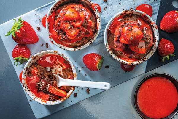 Instant Pot Chocolate Souffle Cakes with Strawberry Sauce