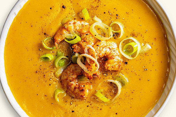 Spiced Pumpkin Bisque with Shrimp and Leeks