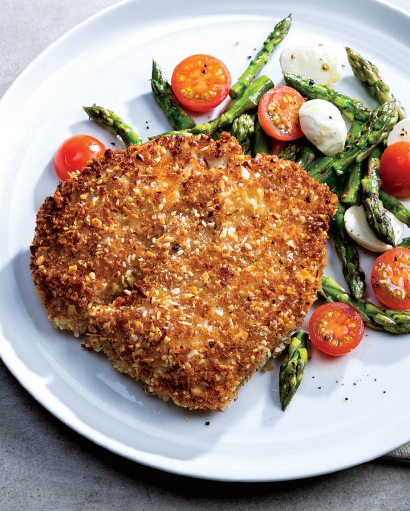 Almond-Crusted Veal Cutlet w/Asparagus Caprese Salad