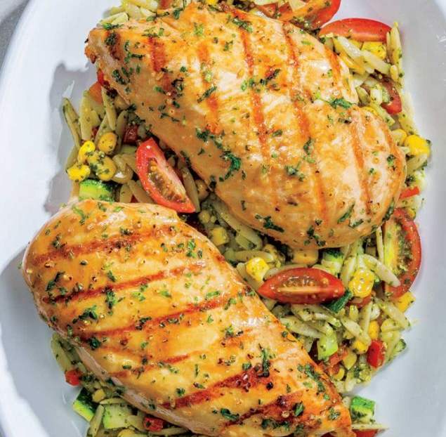 Grilled Chicken with Pesto Orzo Salad