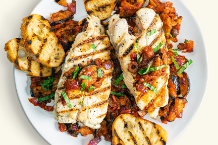 Grilled Halibut Steaks over Eggplant Caponata