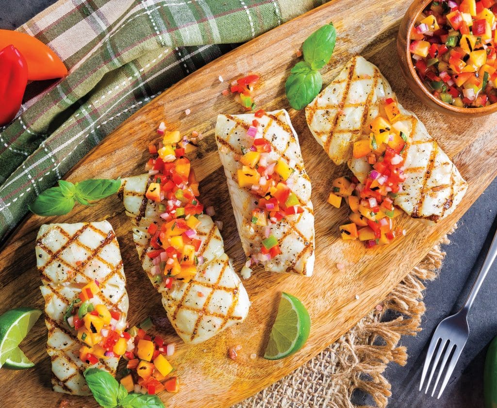 Grilled Halibut with Grilled Jalapeño Peach Relish | Zallie Family Markets