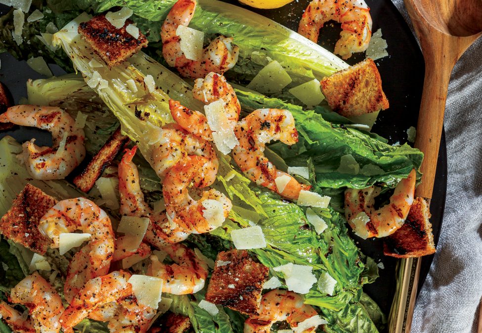 Grilled Shrimp and Romaine Heart Caesar Salad