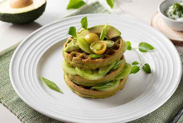 Protein Waffles with Green Tomatoes, Avocado and Herbed Yogurt