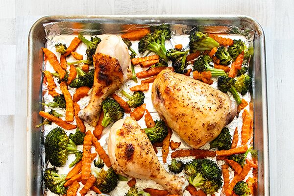 Sheet Pan Honey Mustard Chicken Thighs with Sweet Potatoes and Broccoli