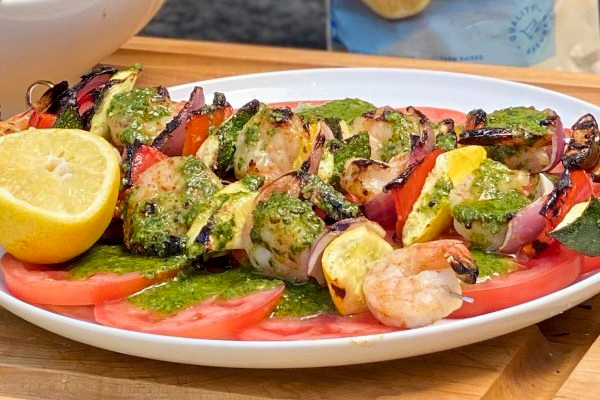 Shrimp Skewers with Basil Pesto