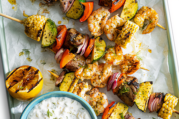 Surf and Turf Kabobs with Feta Yogurt Dip